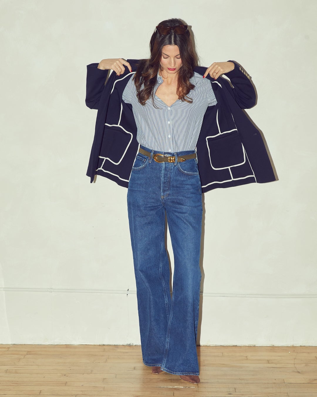 Navy Blazer with Striped Shirt and Wide-Leg Jeans — Simple Smart Casual Outfits
