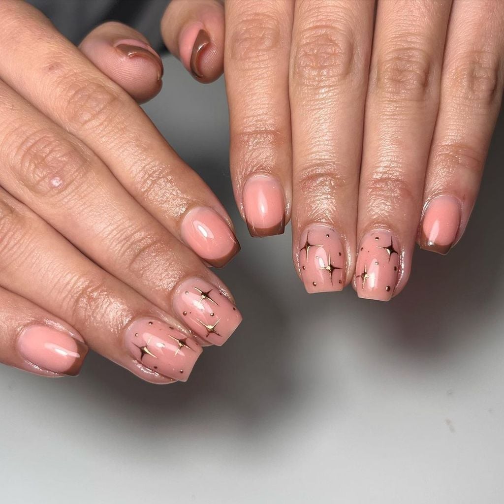 Brown French Tips Star Decals Squoval Nails Brown French Tips Star Decals Squoval Nails — Simple Squoval Nails