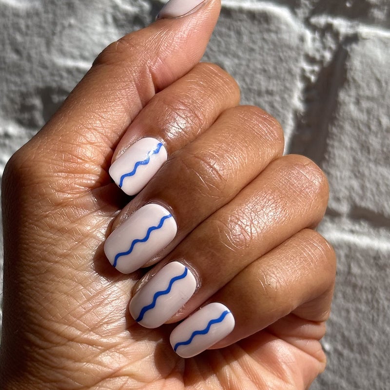 Blue Wavy Line Nude Short Squoval Nails Blue Wavy Line Nude Short Squoval Nails — Simple Squoval Nails