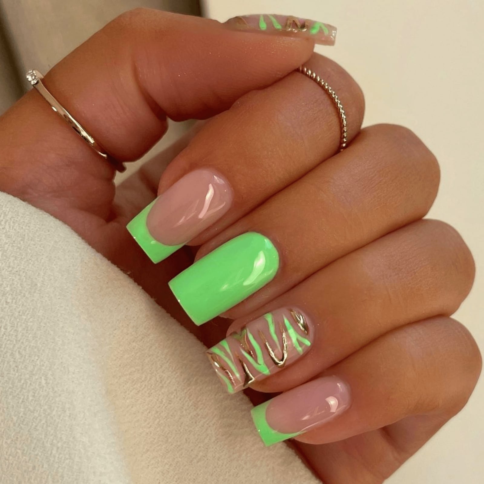 Neon Green Abstract Lines Medium Squoval Nails Neon Green Abstract Lines Medium Squoval Nails — Simple Squoval Nails
