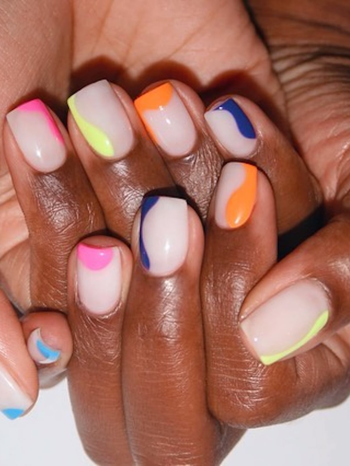 Neon Abstract Lines Nude Base Short Squoval Neon Abstract Lines Nude Base Short Squoval — Simple Squoval Nails