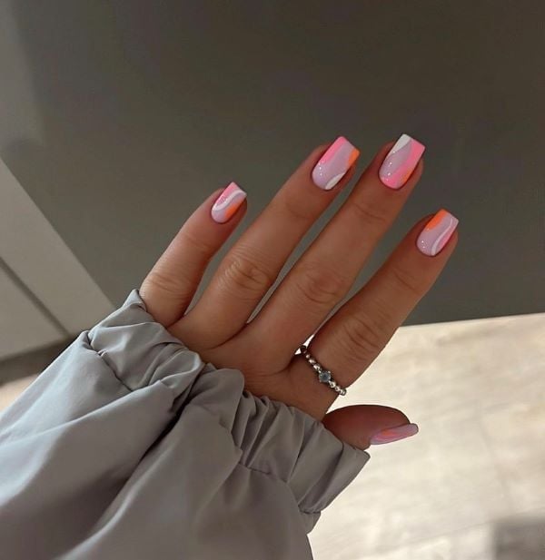 Pink White Orange Abstract Swirls Squoval Pink White Orange Abstract Swirls Squoval — Simple Squoval Nails