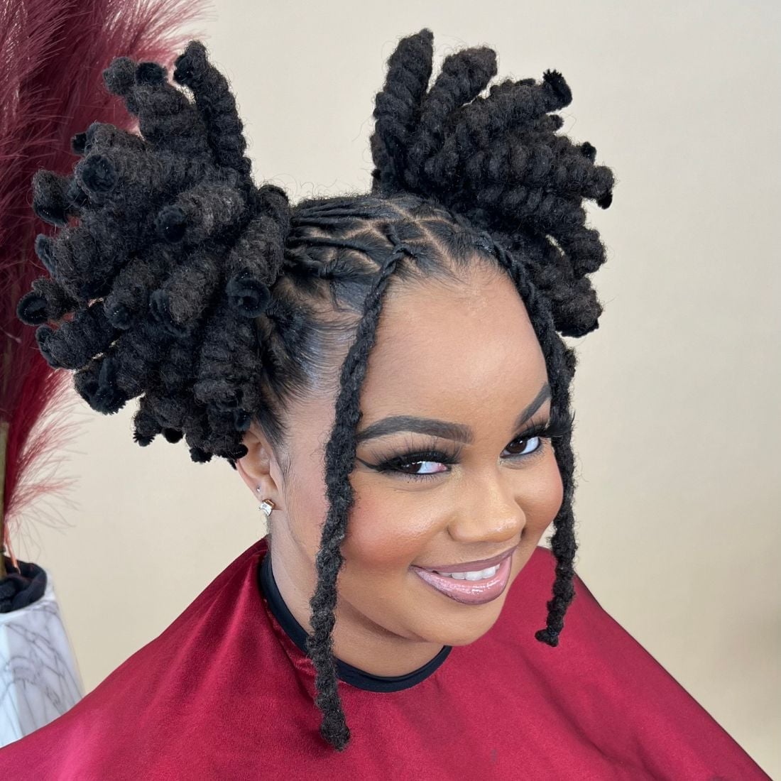 Medium Length Coily Locs Double Buns Medium Length Coily Locs Double Buns — Simple Starter Locs