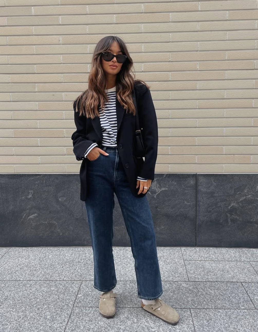 Black Blazer and Striped Shirt with Dark Wash Jeans Black Blazer and Striped Shirt with Dark Wash Jeans — Simple Straight Leg Jeans Outfits