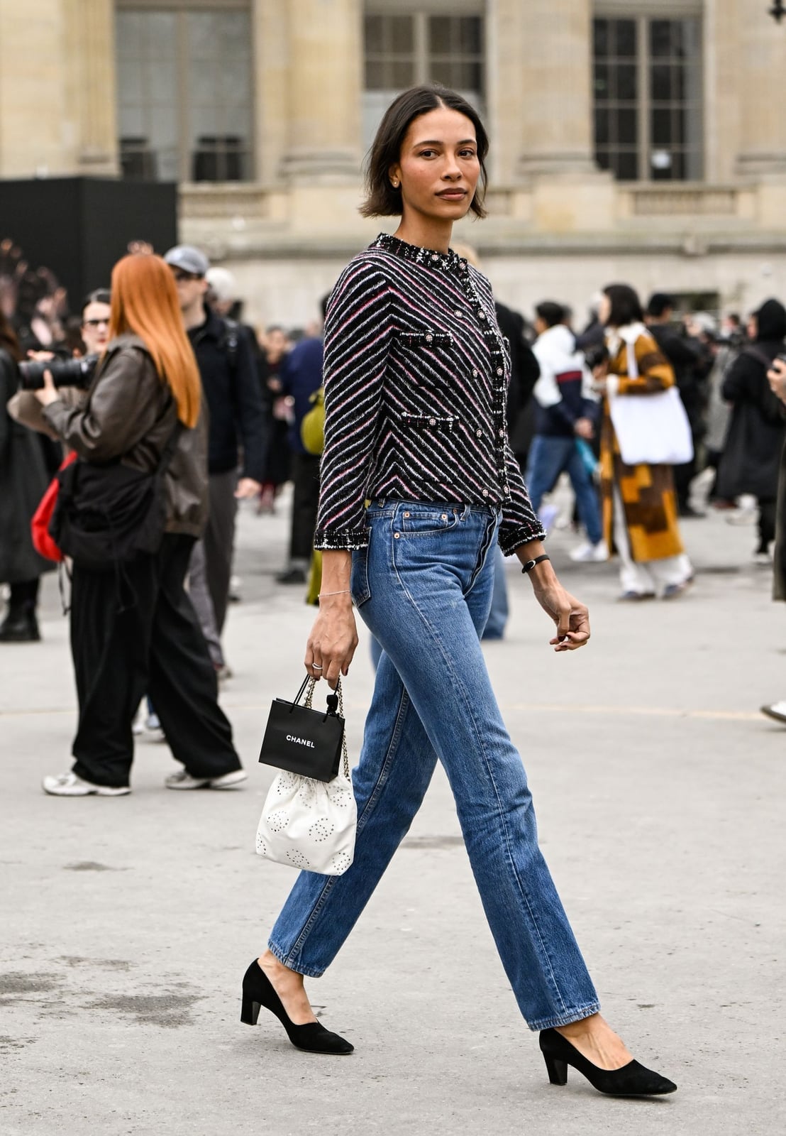 Tweed Jacket Elevates Straight Leg Denim Tweed Jacket Elevates Straight Leg Denim — Simple Straight Leg Jeans Outfits