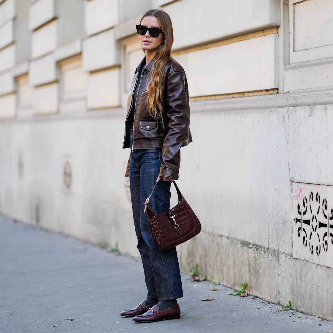 Leather Jacket and Loafers with Dark Wash Jeans Leather Jacket and Loafers with Dark Wash Jeans — Simple Straight Leg Jeans Outfits