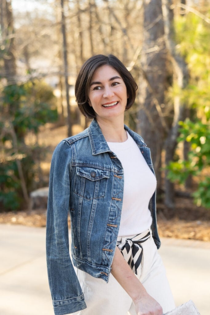 Denim Jacket with White Pants and Striped Belt Denim Jacket with White Pants and Striped Belt — Simple Style Inspo