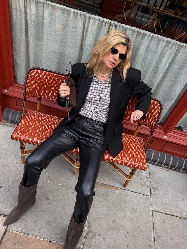 Leather Trousers with Plaid Shirt and Blazer Leather Trousers with Plaid Shirt and Blazer — Simple Style Inspo