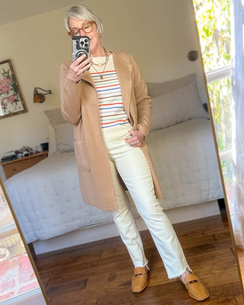 Camel Cardigan Over Striped Tee and Cream Pants Camel Cardigan Over Striped Tee and Cream Pants — Simple Style Inspo