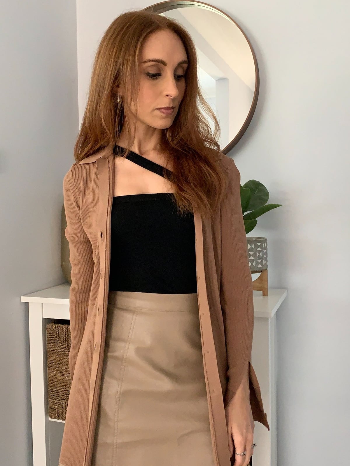 Ribbed Cardigan Over Asymmetric Top and Faux Leather Skirt Ribbed Cardigan Over Asymmetric Top and Faux Leather Skirt — Simple Style Inspo