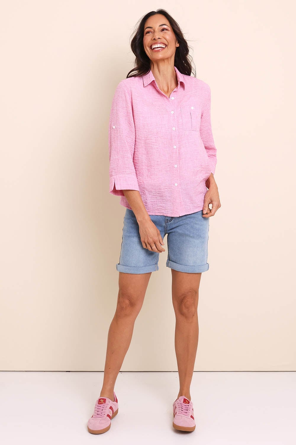 Pink Textured Shirt with Light Blue Denim Shorts Pink Textured Shirt with Light Blue Denim Shorts — Simple Style Inspo