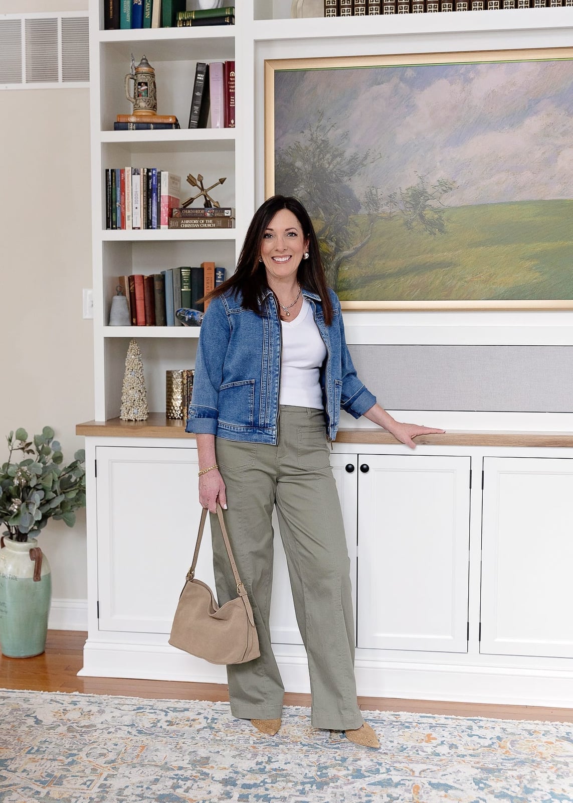 Denim Jacket with Olive Wide-Leg Trousers Denim Jacket with Olive Wide-Leg Trousers — Simple Style Inspo
