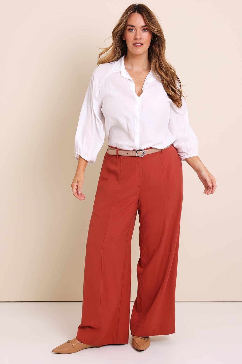 White Collared Shirt with Rust Wide-Leg Trousers White Collared Shirt with Rust Wide-Leg Trousers — Simple Style Inspo