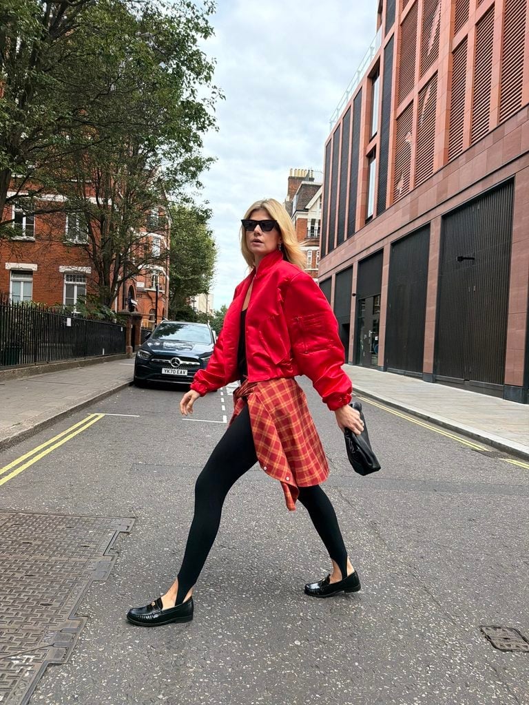 Red Bomber Jacket Over Stirrup Leggings Red Bomber Jacket Over Stirrup Leggings — Simple Style Inspo