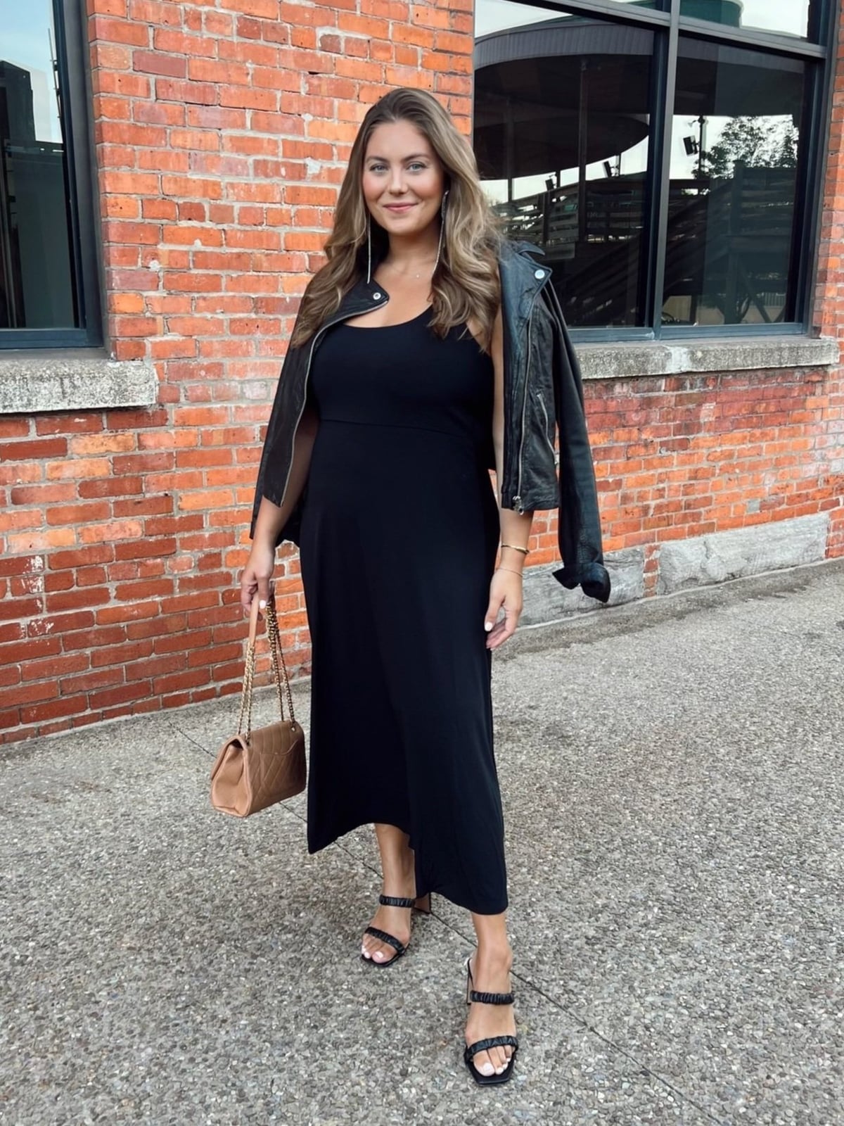 Black Midi Dress with Draped Leather Jacket Black Midi Dress with Draped Leather Jacket — Simple Style Inspo