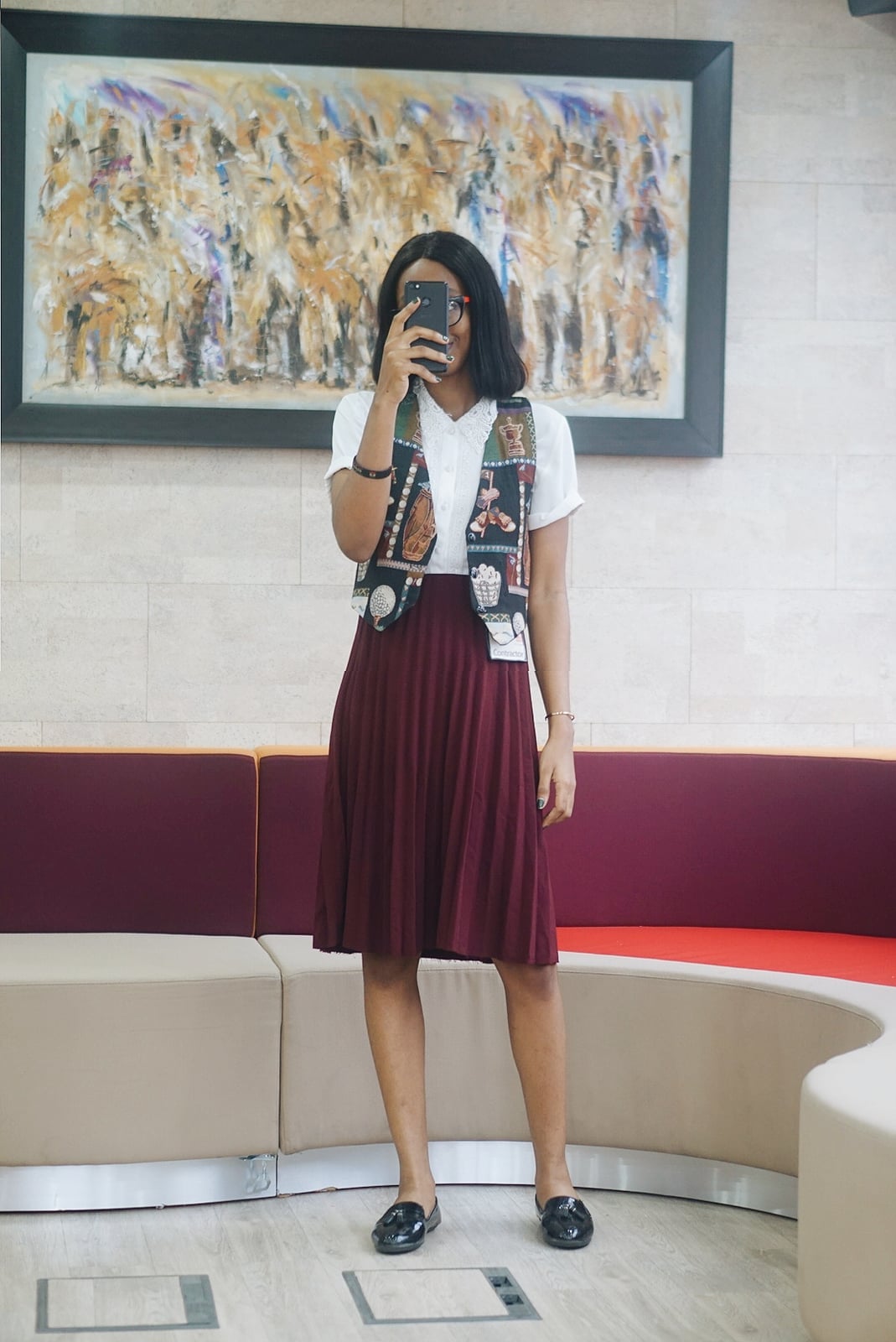 Patterned Vest Over Shirt and Pleated Skirt Patterned Vest Over Shirt and Pleated Skirt — Simple Style Inspo