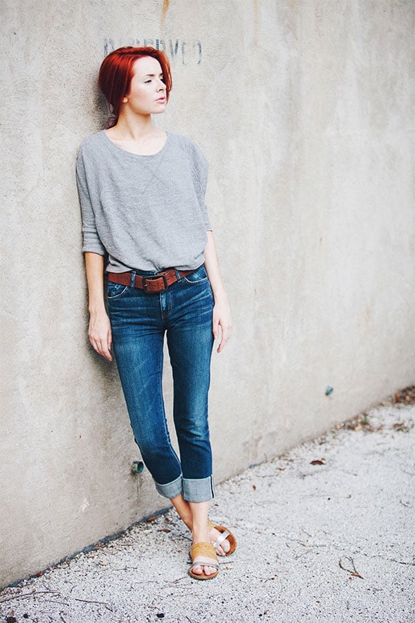 Grey Long-Sleeve Top with Blue Jeans and Belt Grey Long-Sleeve Top with Blue Jeans and Belt — Simple Style Inspo
