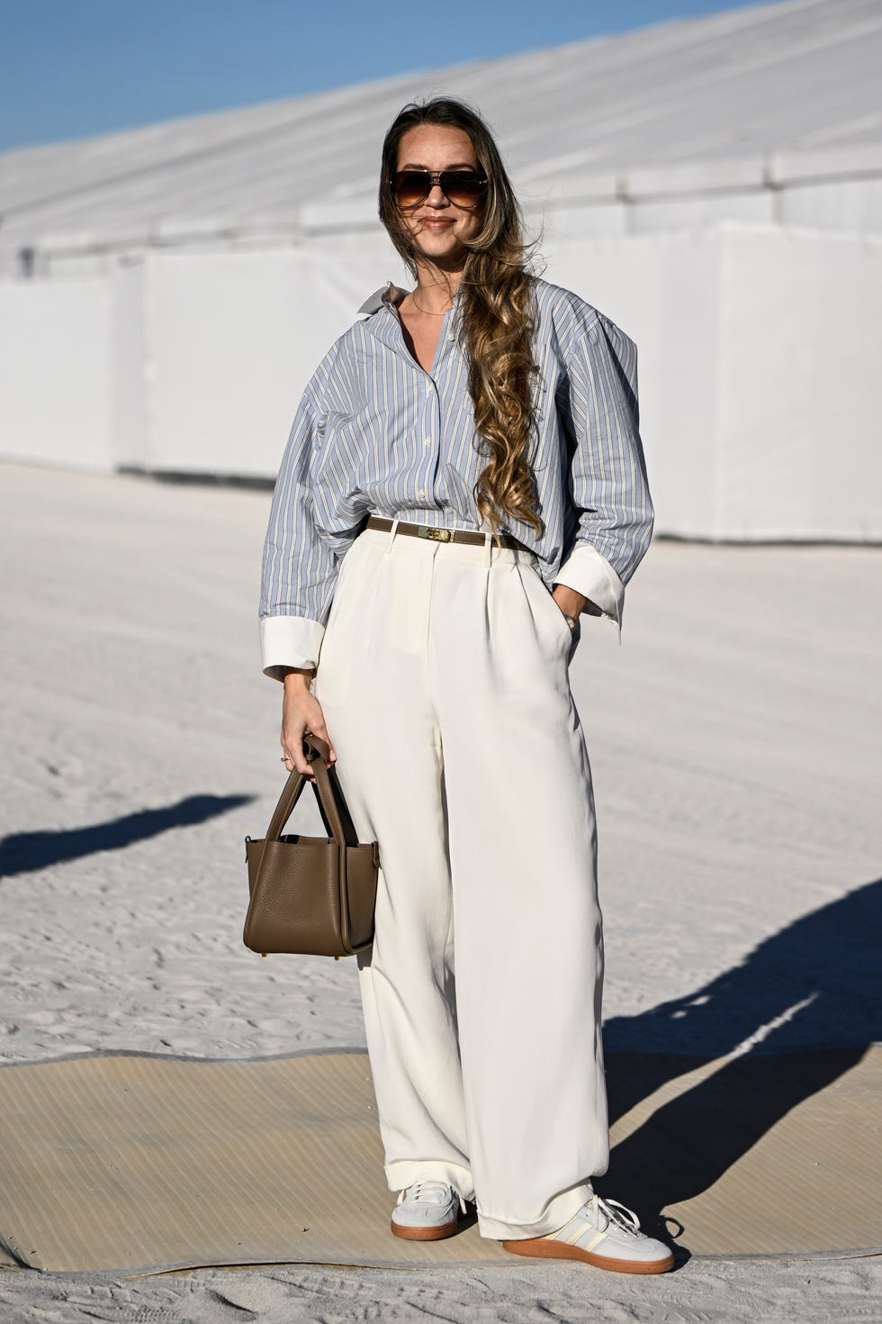 Striped Button-Down Over T-Shirt with Cream Trousers Striped Button-Down Over T-Shirt with Cream Trousers — Simple Style Inspo
