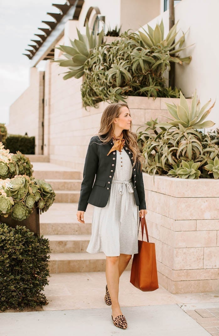 Grey T-Shirt Dress with Navy Blazer Grey T-Shirt Dress with Navy Blazer — Simple Style Inspo