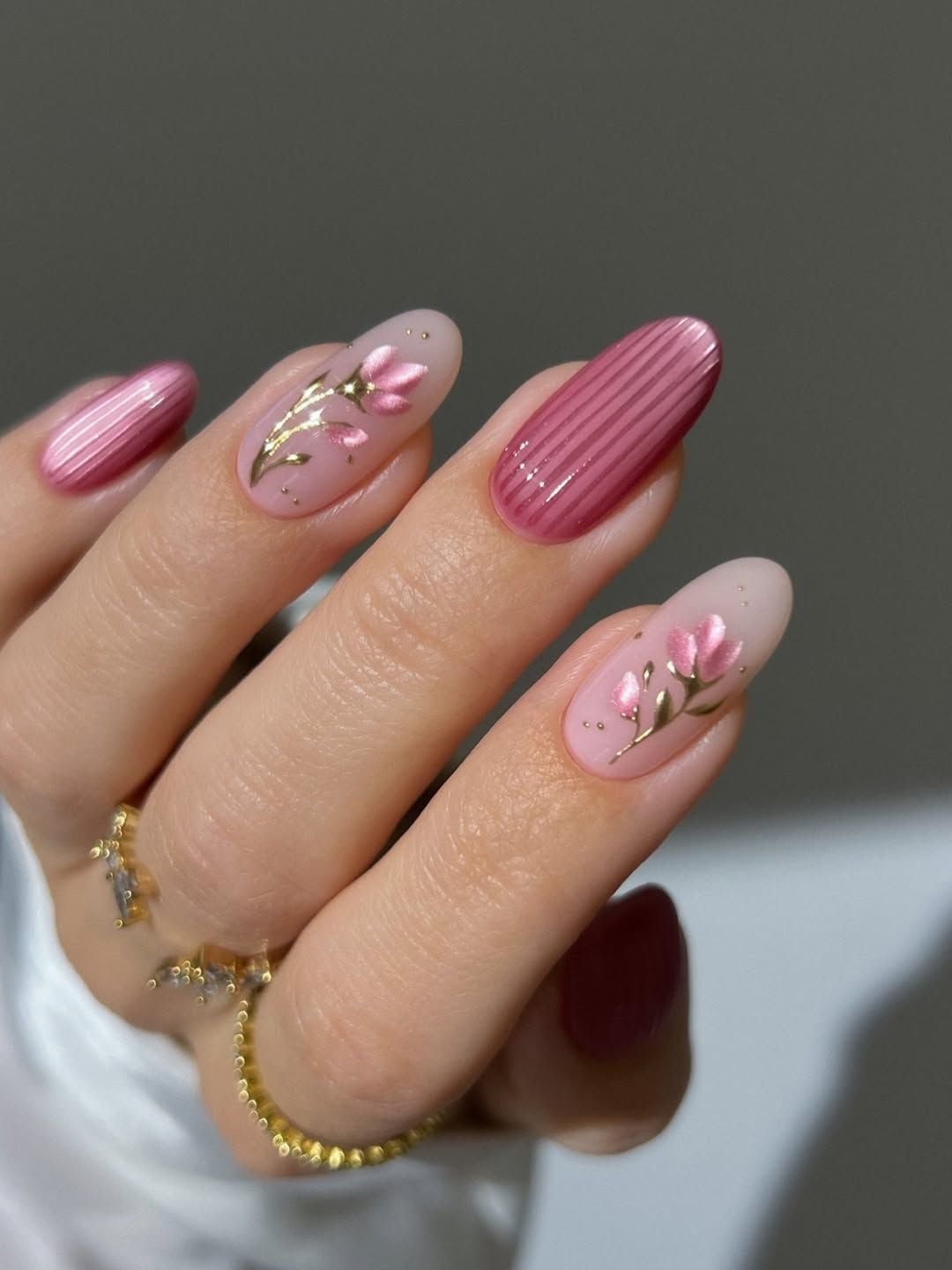 Floral Art And Ribbed Texture Nails Floral Art And Ribbed Texture Nails — Simple Trending Nails