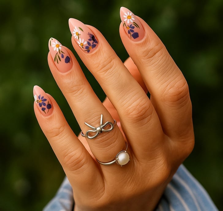 Medium Almond Nails With Daisy Art and Sheer Pink Base Medium Almond Nails With Daisy Art and Sheer Pink Base — Simple Vintage Nails