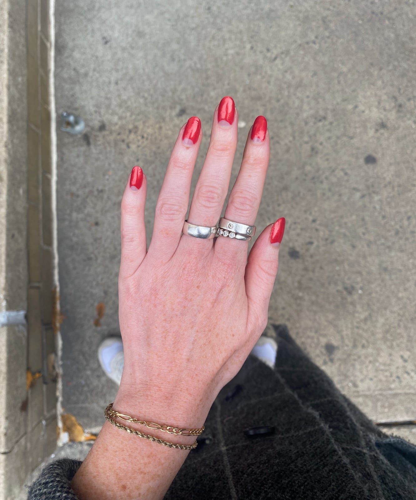 Almond Nails With Red and White Half-Moon Design Almond Nails With Red and White Half-Moon Design — Simple Vintage Nails