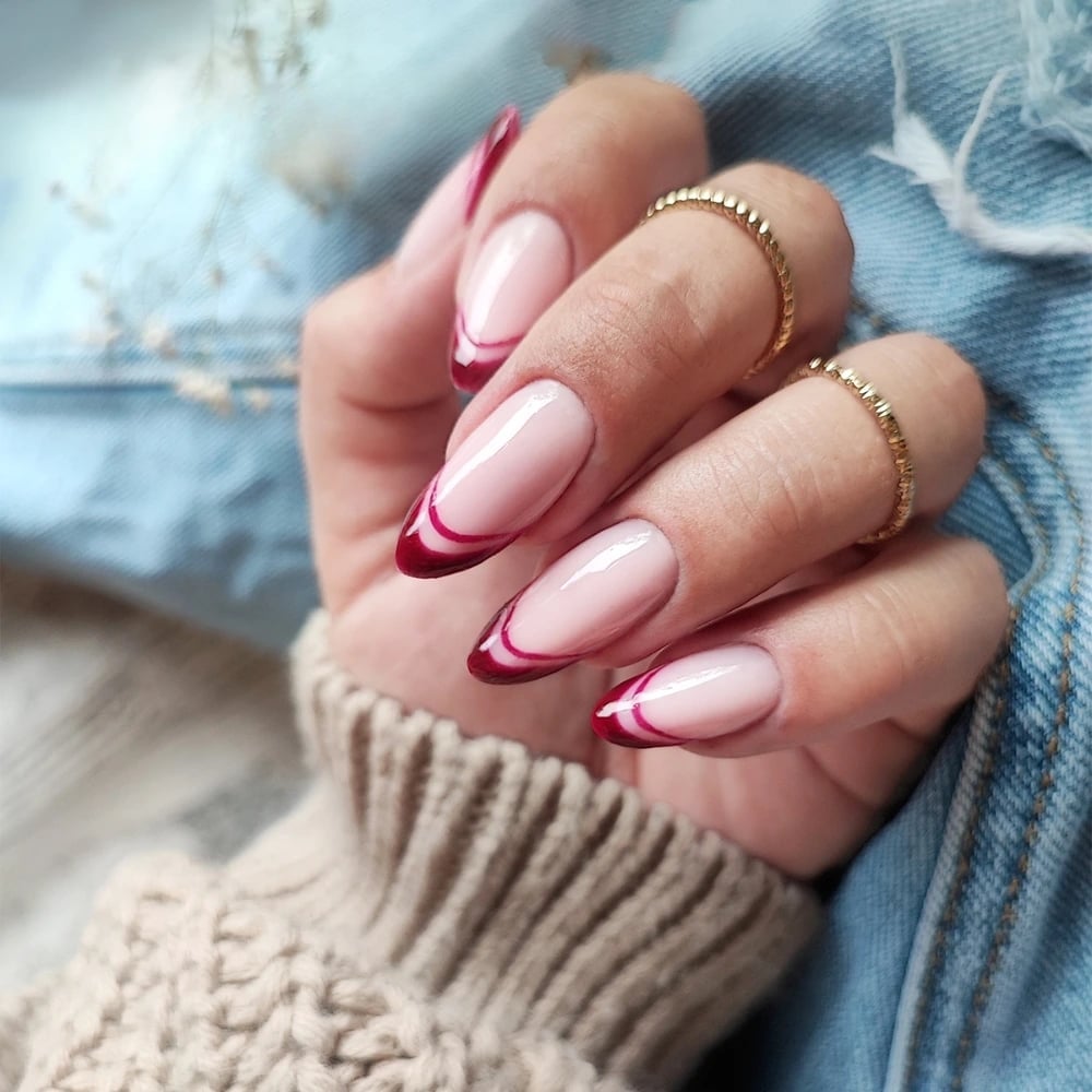 Almond Nails With Double Burgundy Smile Line Almond Nails With Double Burgundy Smile Line — Simple Vintage Nails