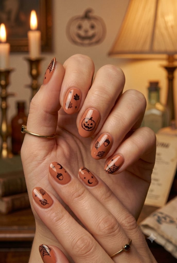 Orange Oval Nails With Halloween Motifs and Atmospheric Setting Orange Oval Nails With Halloween Motifs and Atmospheric Setting — Simple Vintage Nails