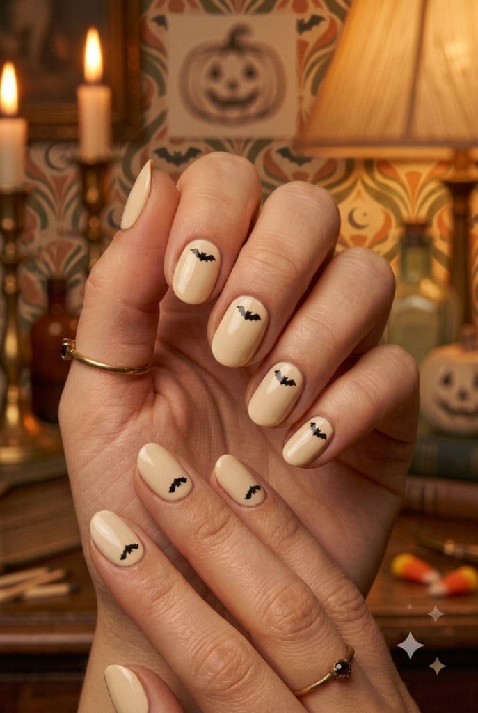 Beige Oval Nails With Bat Silhouettes Beige Oval Nails With Bat Silhouettes — Simple Vintage Nails