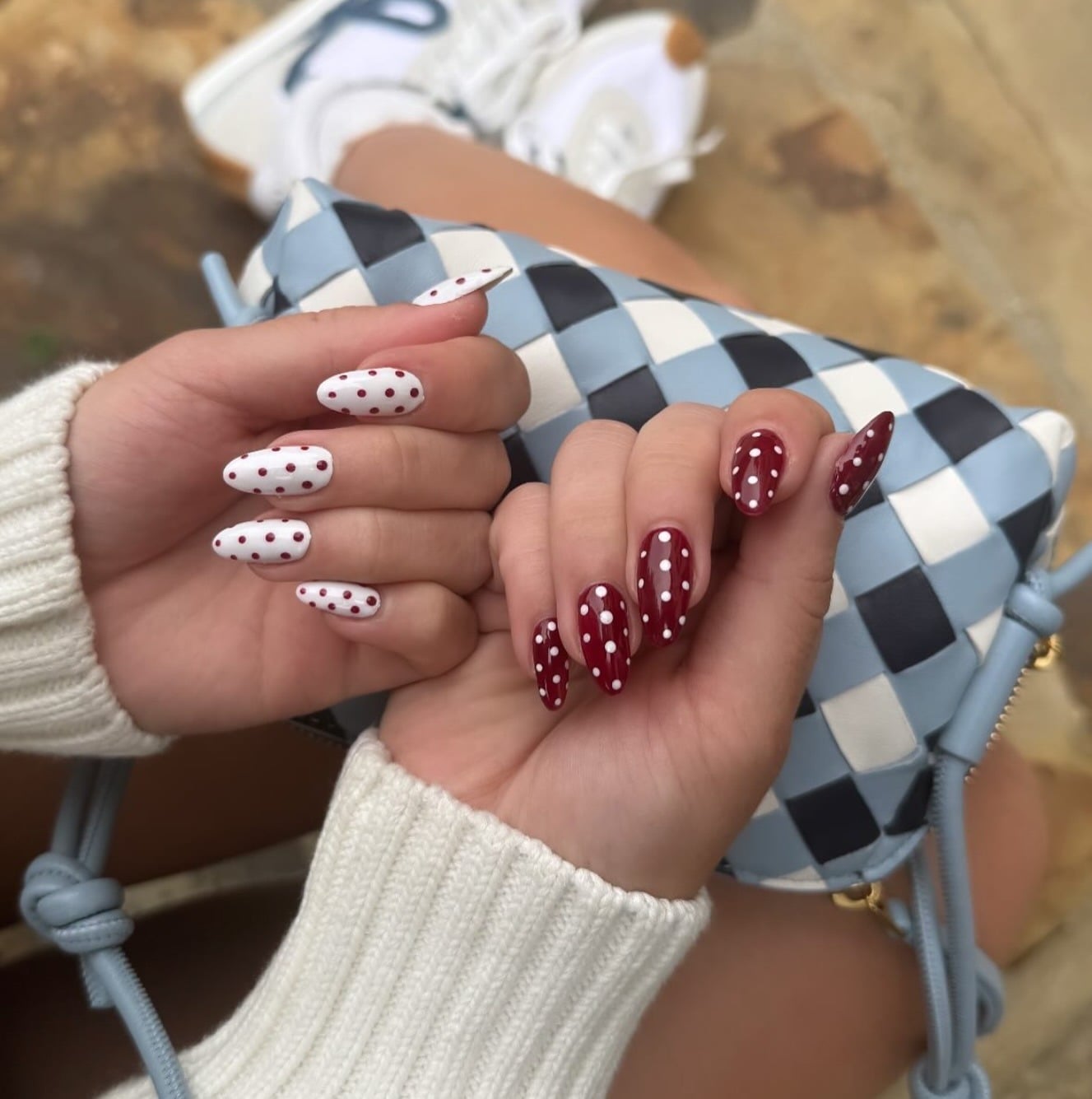 Red and White Dual Polka Dot Almond Nails Red and White Dual Polka Dot Almond Nails — Simple Vintage Nails