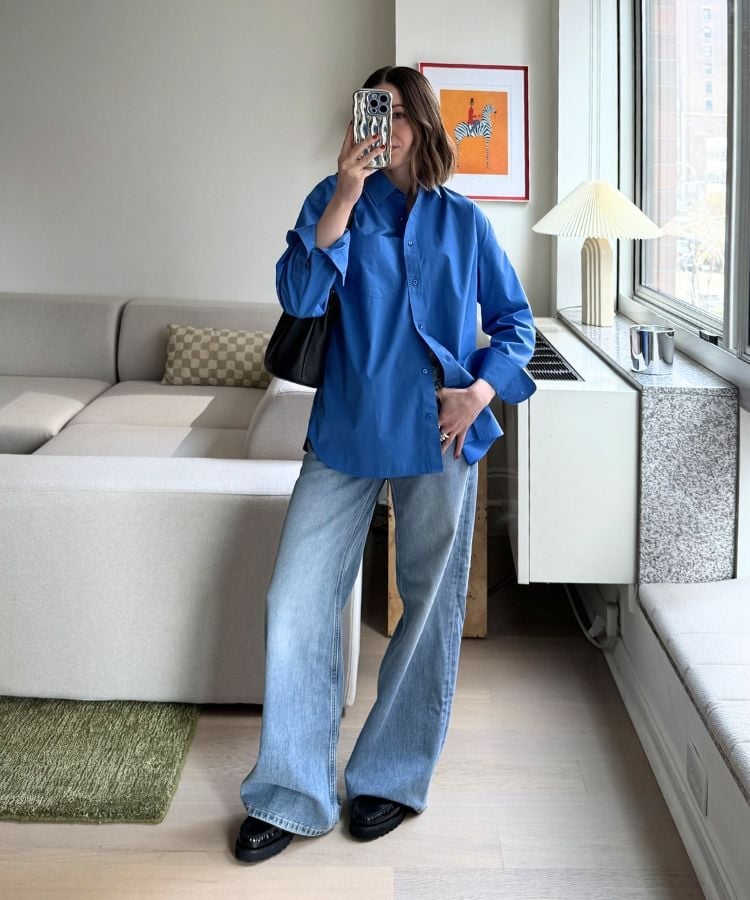 Bright Blue Oversized Shirt With Wide Leg Jeans Bright Blue Oversized Shirt With Wide Leg Jeans — Simple Weekend Outfits
