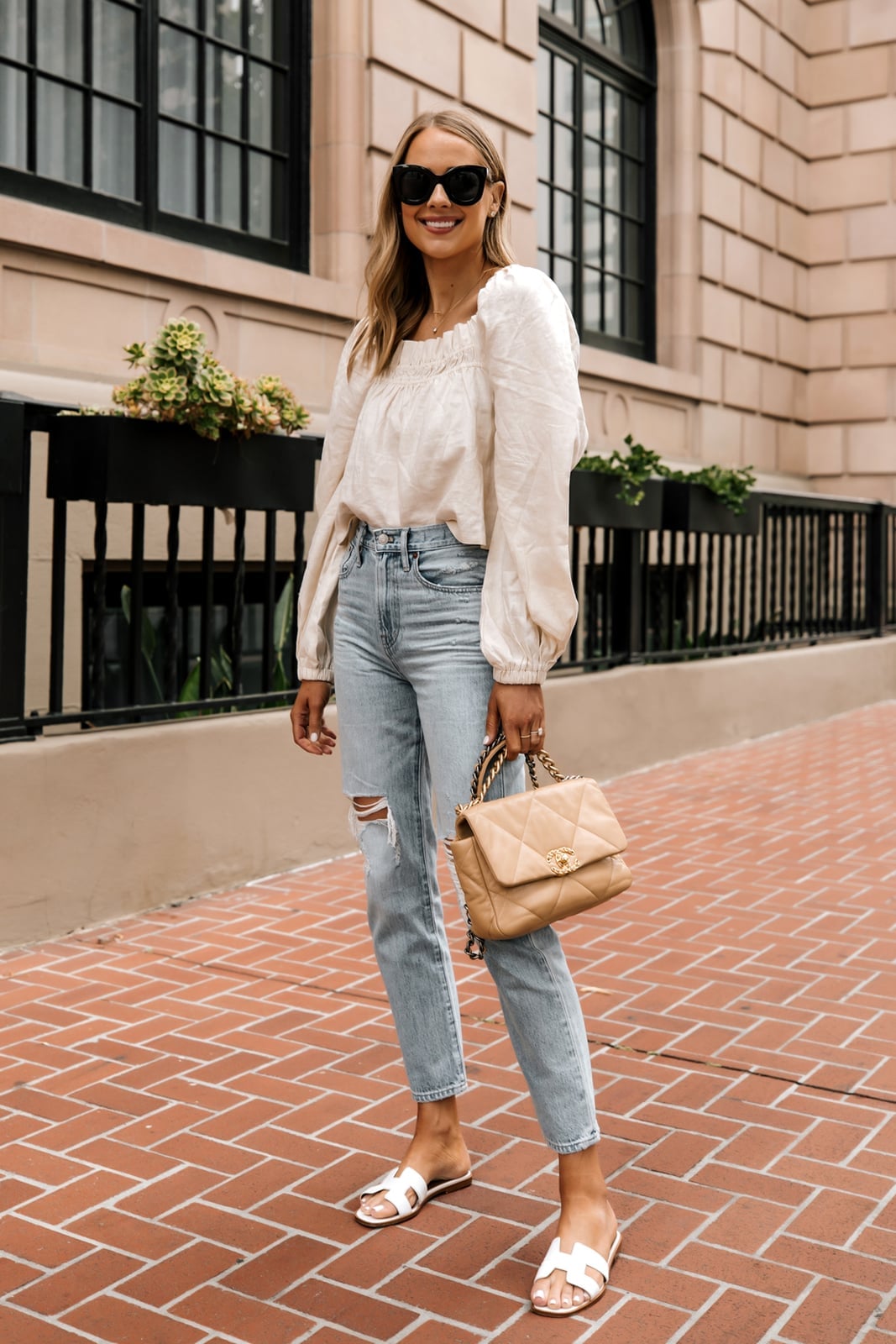 Puff Sleeve Blouse With Straight Leg Jeans and White Slide Sandals Puff Sleeve Blouse With Straight Leg Jeans and White Slide Sandals — Simple Weekend Outfits