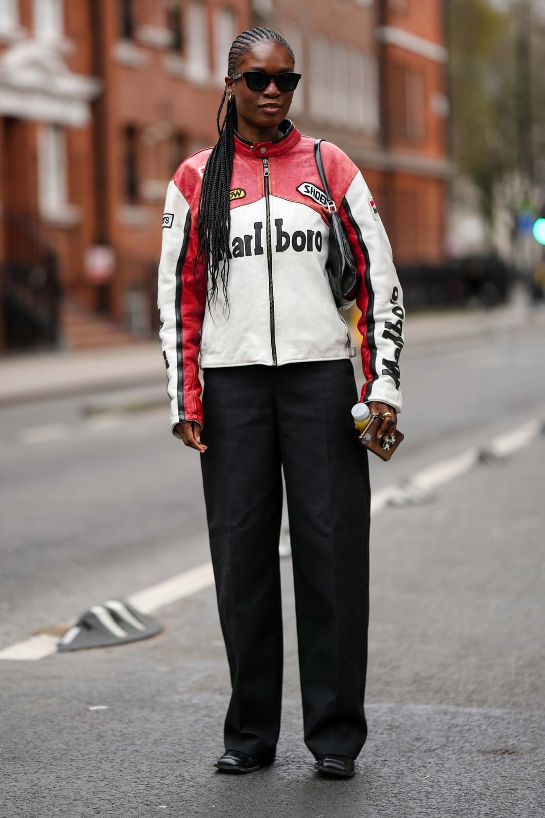 Moto Jacket With Wide Leg Trousers, A Woman Wears A Red Moto Jacket With Wide Leg Trousers, A Woman Wears A Red — Simple Weekend Outfits