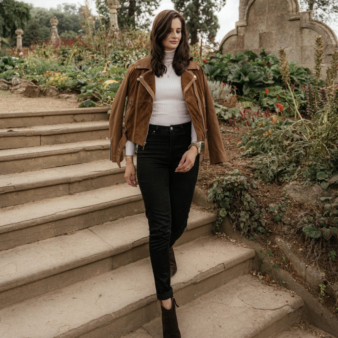 Brown Suede Jacket Over White Turtleneck And Black Jeans Brown Suede Jacket Over White Turtleneck And Black Jeans — Simple Weekend Outfits