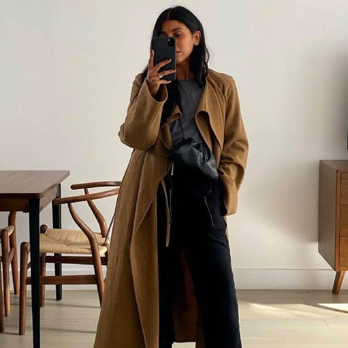 Camel Longline Coat Over Black Trousers Camel Longline Coat Over Black Trousers — Simple Weekend Outfits