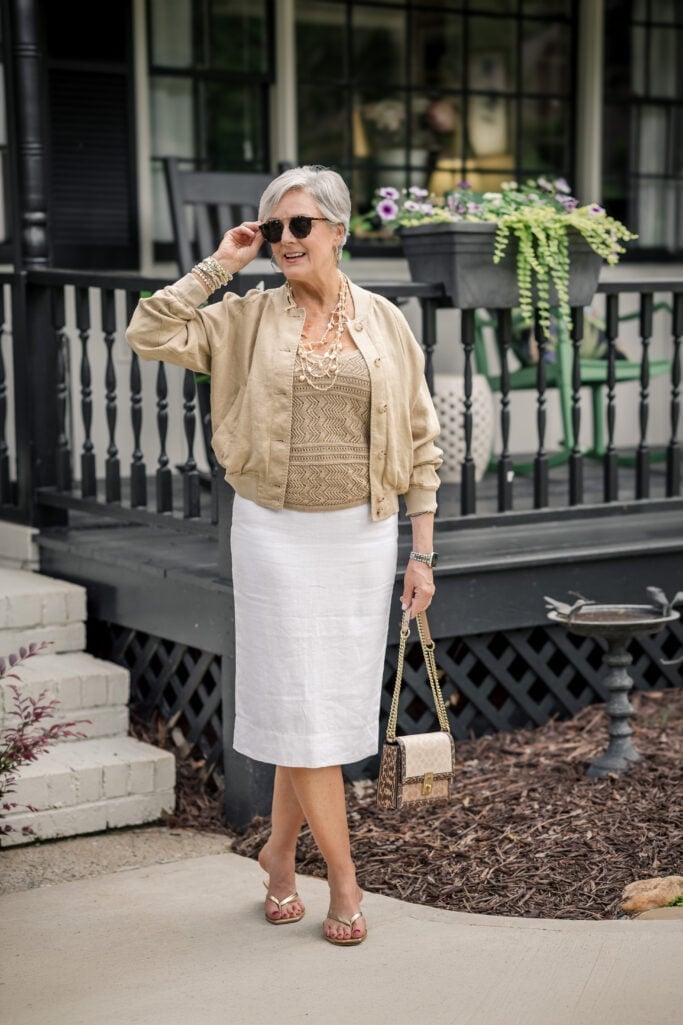 Beige Bomber Jacket With Linen Pencil Skirt Beige Bomber Jacket With Linen Pencil Skirt — Simple Weekend Outfits
