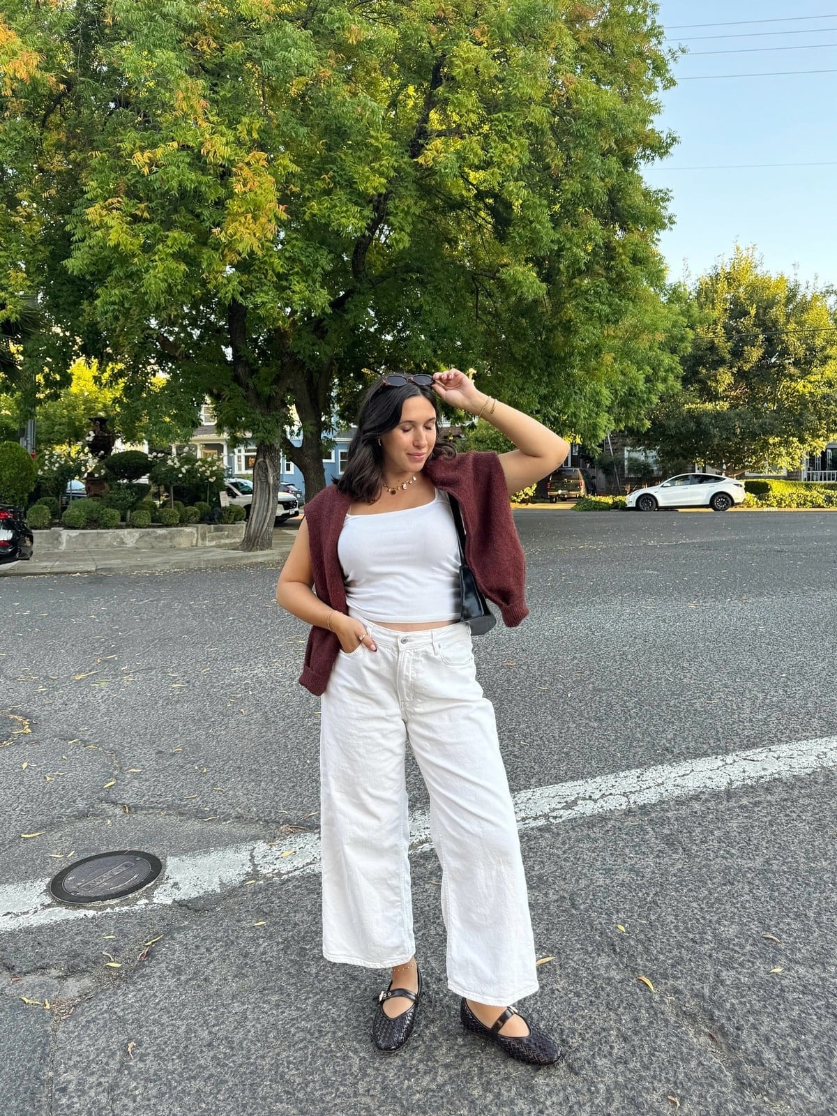 Burgundy Sweater Vest With Cream Wide Leg Jeans and Black Woven Flats Burgundy Sweater Vest With Cream Wide Leg Jeans and Black Woven Flats — Simple Weekend Outfits