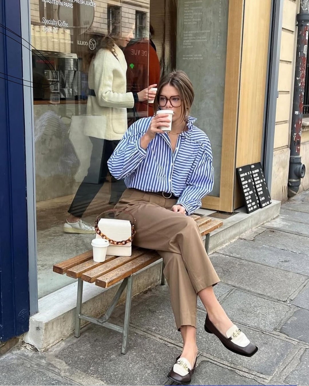 Striped Oversized Shirt With Twill Trousers Striped Oversized Shirt With Twill Trousers — Simple Weekend Outfits