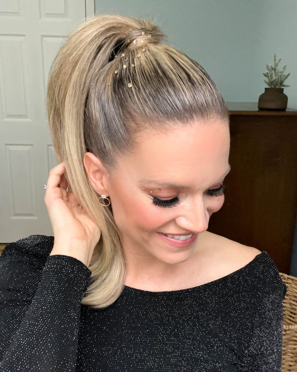 Blonde Ponytail With Rhinestone Embellishments — Slick Back Ponytail Ideas