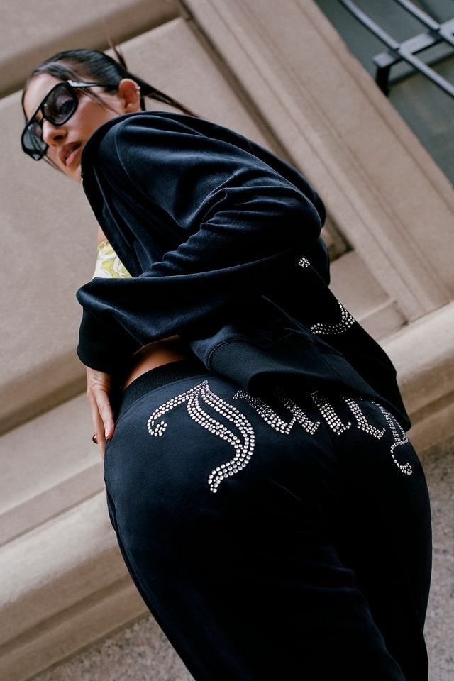 Black Velour Tracksuit with Rhinestone Embellishments Party Wear Trendy 2000s Outfits Party