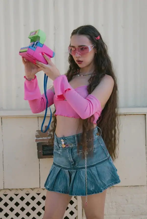 Ruffled Crop Top and Pleated Denim Skirt Party Outfit Ruffled Crop Top and Pleated Denim Skirt Party Outfit — Trendy 2000s Outfits Party