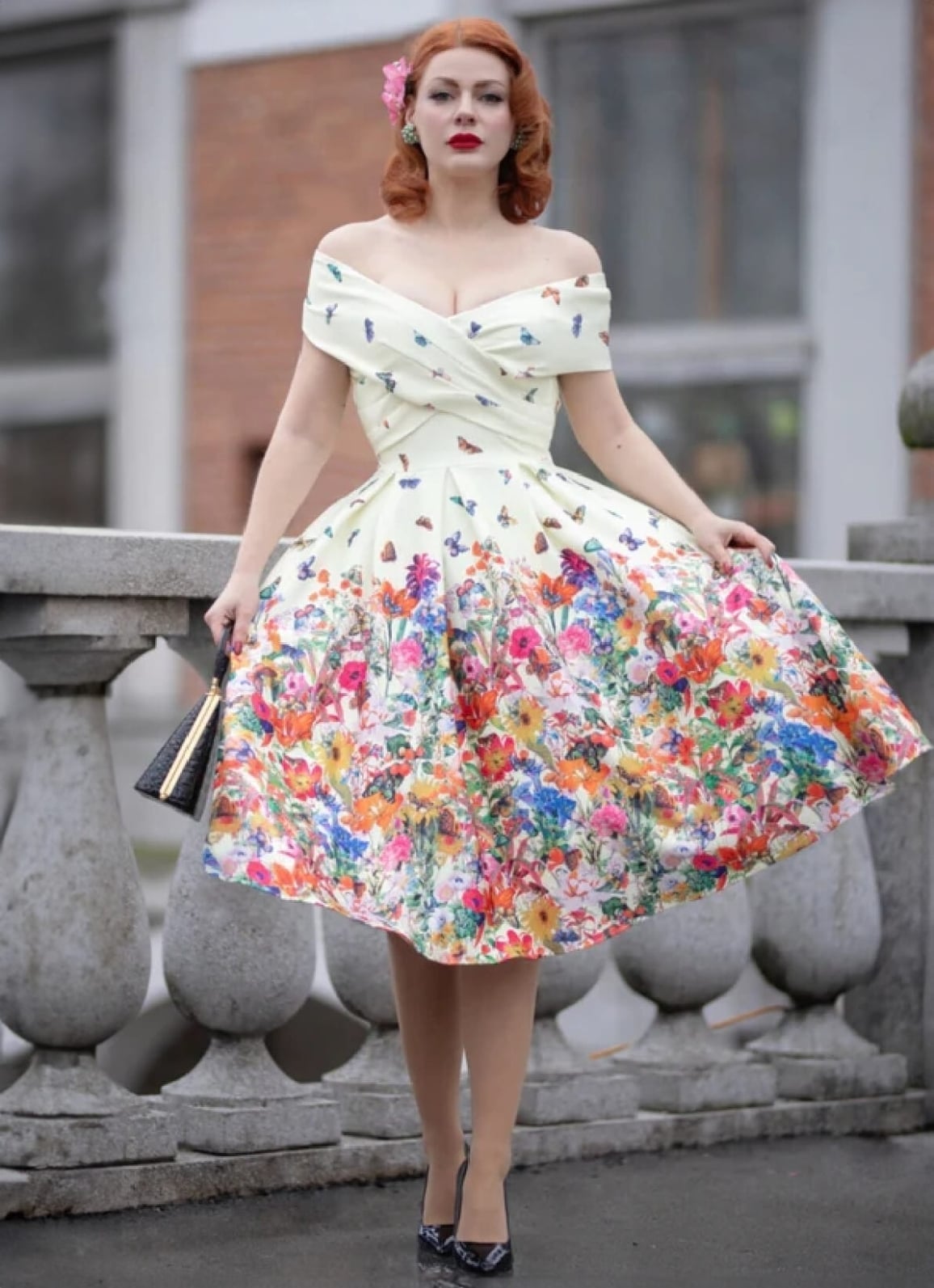 Pale Yellow Off-The-Shoulder Floral Print Dress Pale Yellow Off-The-Shoulder Floral Print Dress — Trendy 50s Style