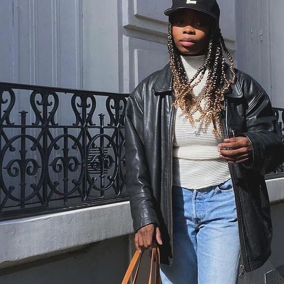 Oversized Leather Jacket With High Waisted Jeans — Trendy 80s Outfits