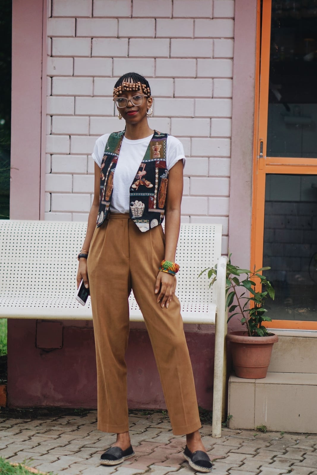 Patterned Vest Over White T-Shirt With Corduroy Pants — Trendy 80s Outfits