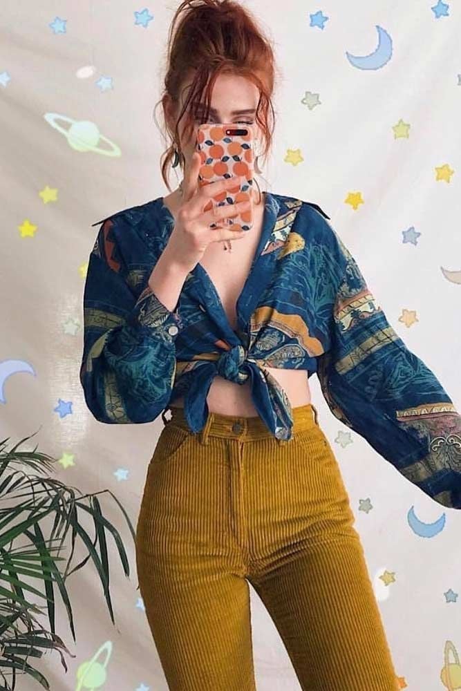 Yellow Corduroy Pants With Printed Tie-Front, Office-Safe Version — Trendy 80s Outfits