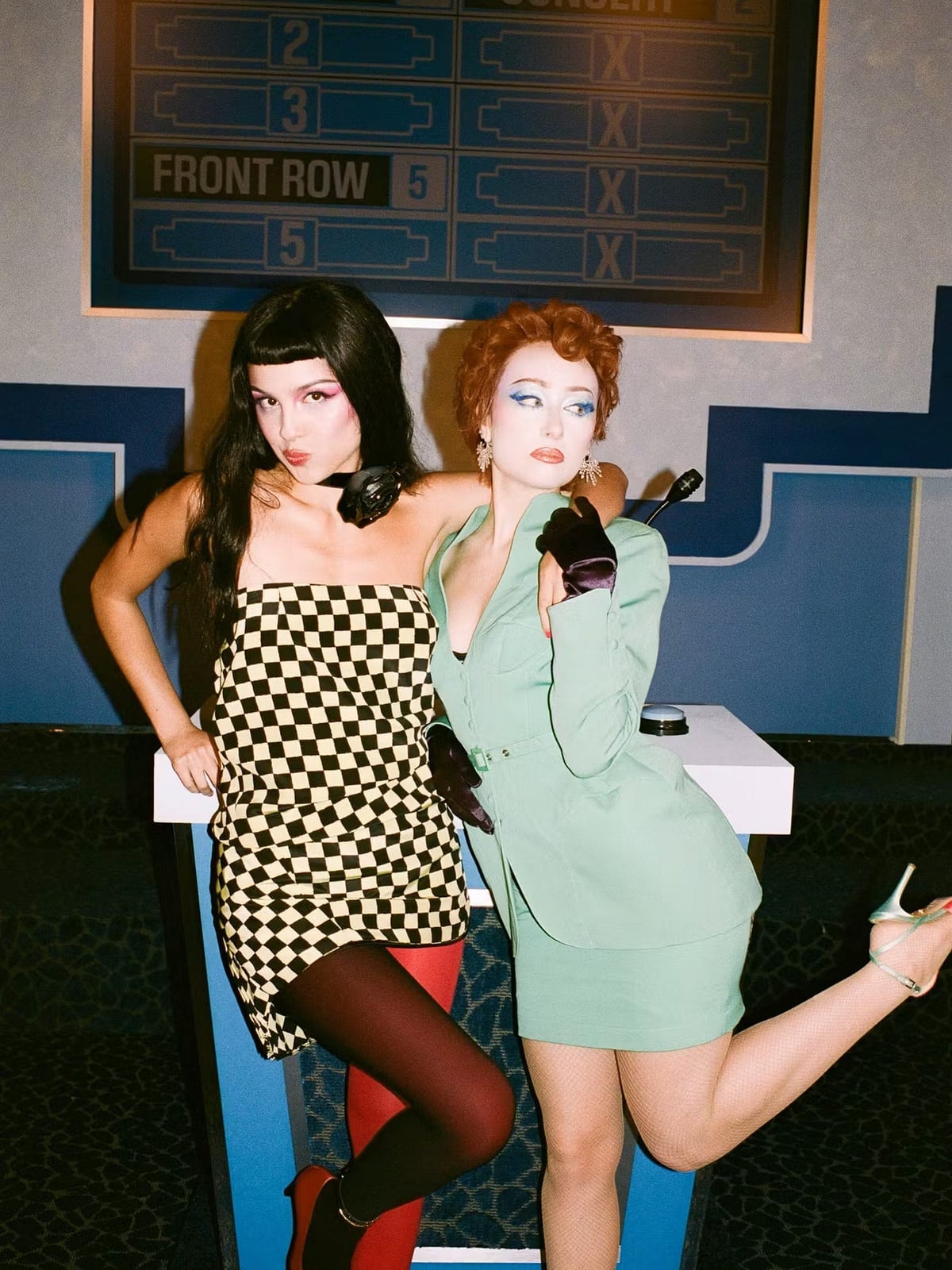 Checkered Mini Dress With Red Tights and Zebra Heels — Trendy 80s Style