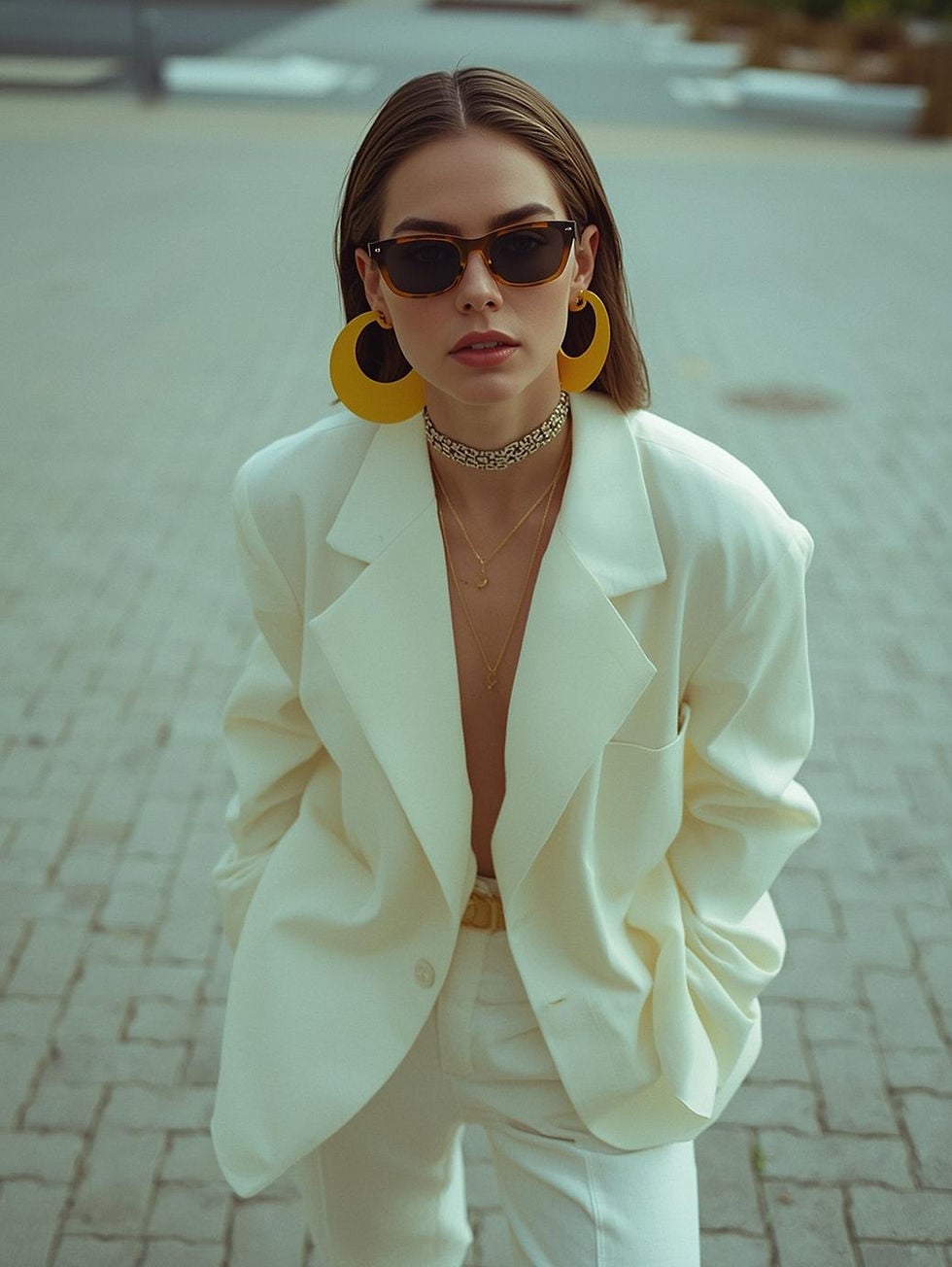 Chic Oversized White Blazer With Hoop Earrings — Trendy 80s Style