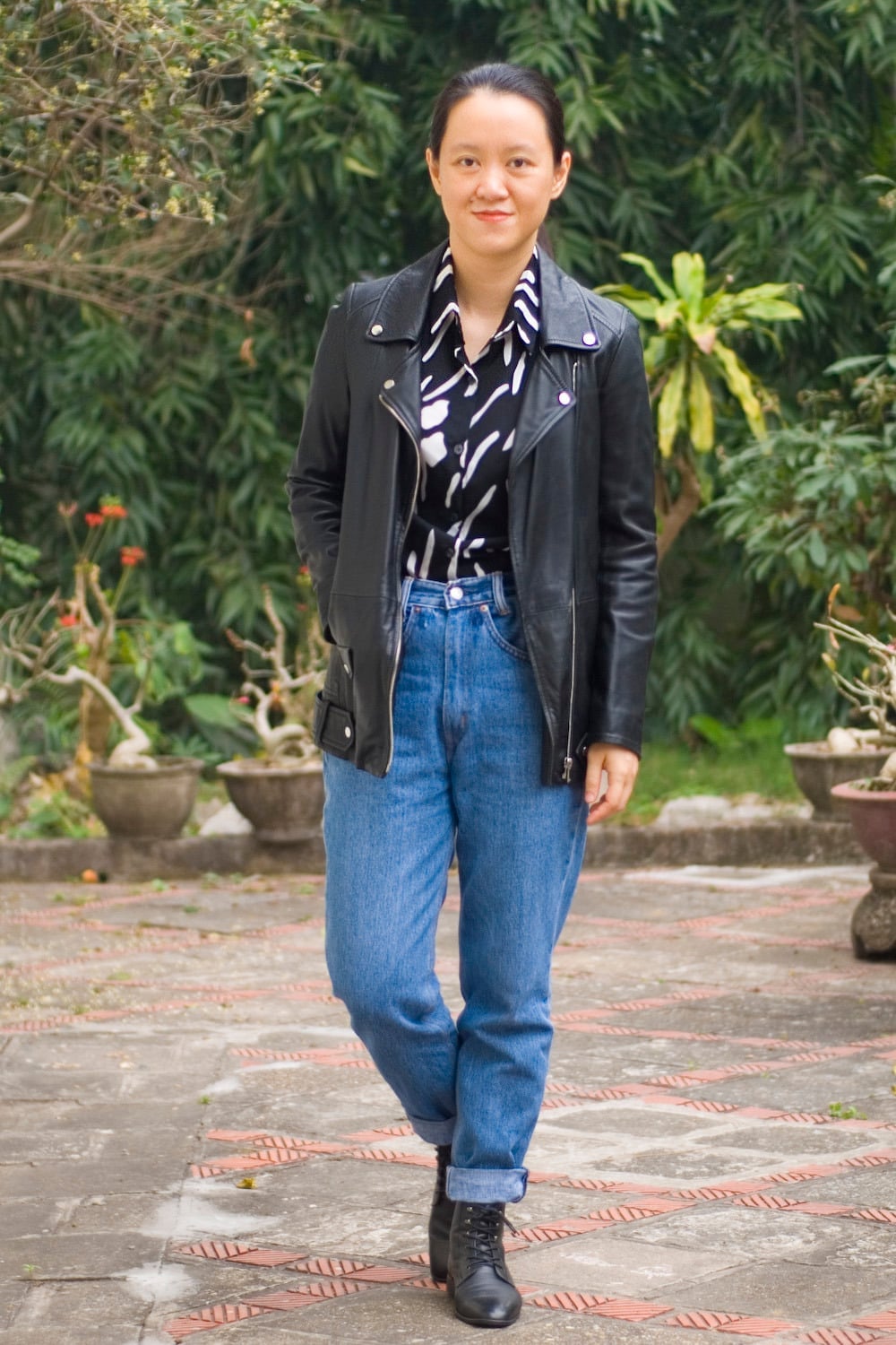 Leather Biker Jacket With Striped Shirt and Mom Jeans — Trendy 80s Style