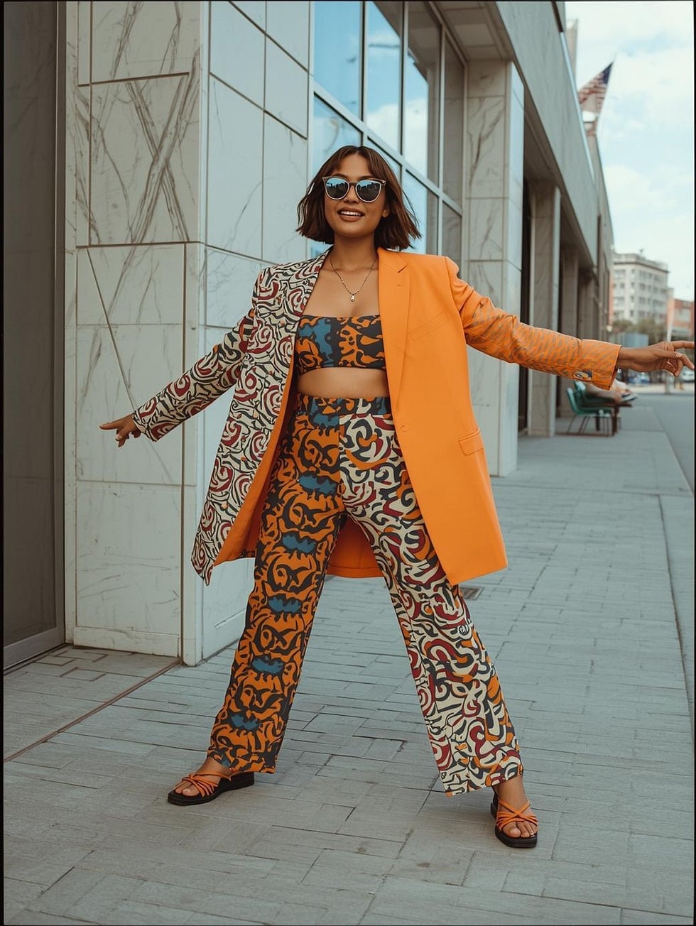 Bold Orange Blazer With Patterned Set and Sandals — Trendy 80s Style