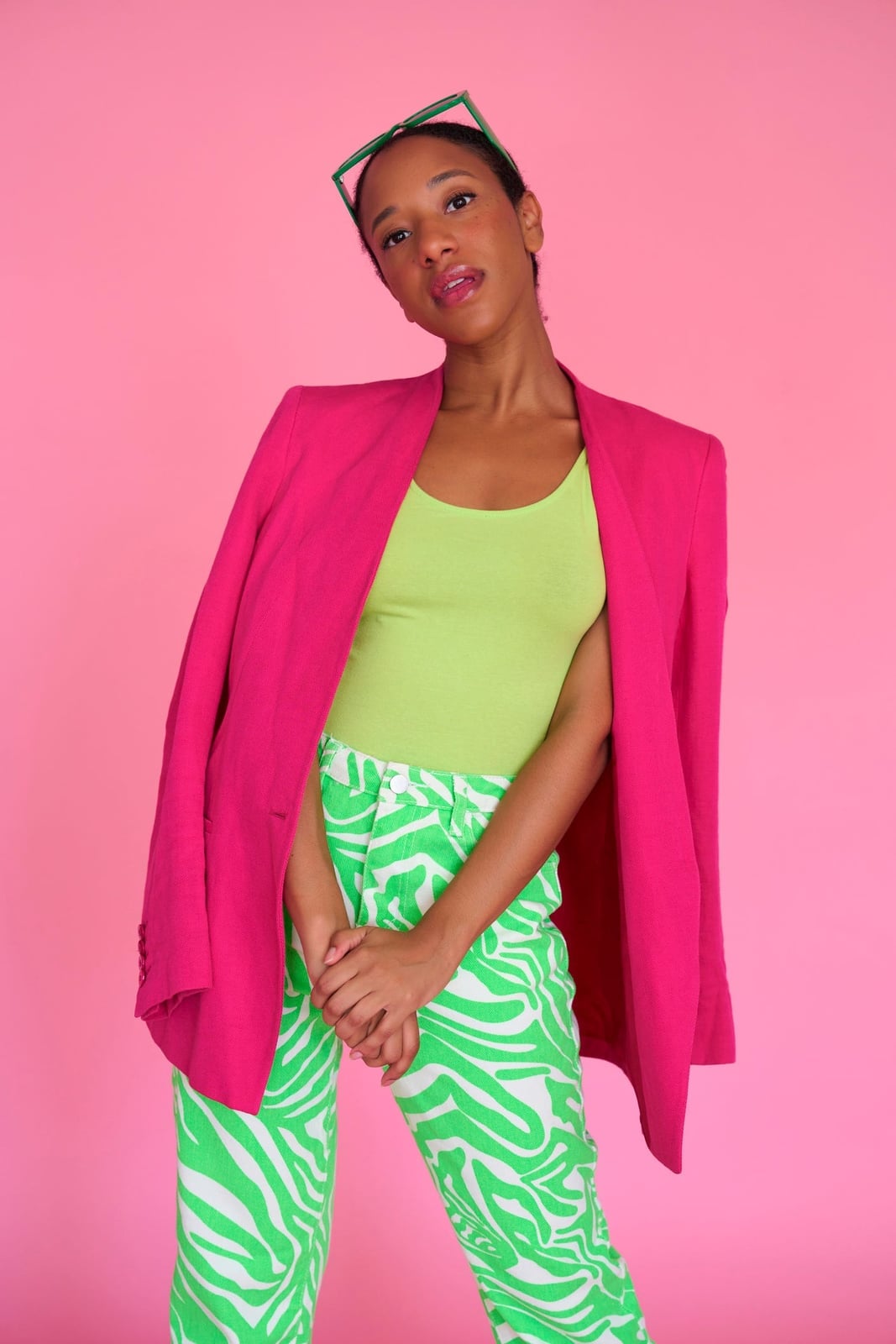 Pink Blazer With Neon Green Zebra Pants — Trendy 80s Style